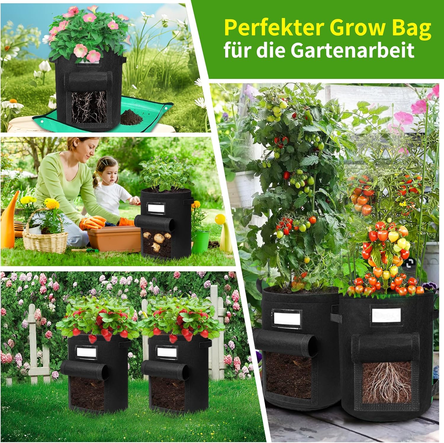 Detalle 2 de Airminti Kartoffel Pflanzsack 50L im 3er Set – Premium Vliesstoff mit Erntefenster, Pflanzmatte & verstärkten Griffen