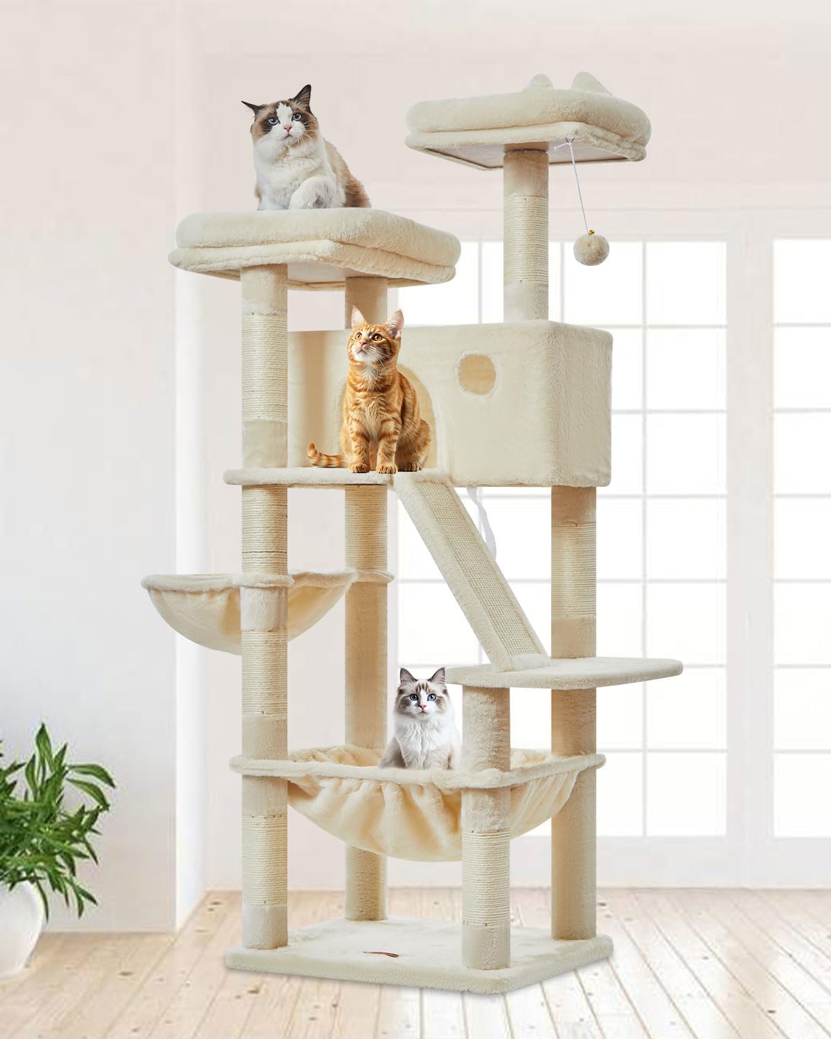Detalle de Taoqimiao 146cm Cat Tree (MS026M) with 8 Sisal Scratching Posts, Hammock & 2 Top Perches