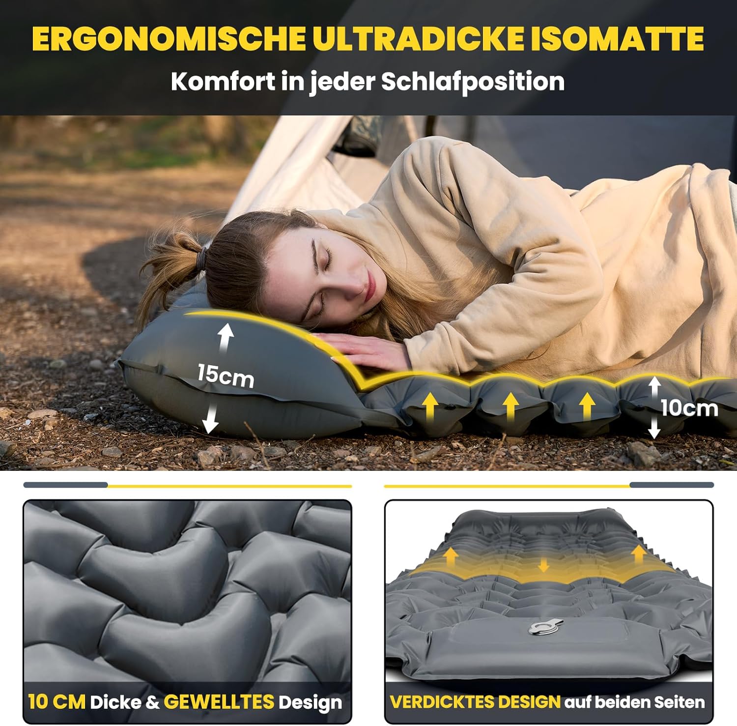 Detalle de HIKENTURE Isomatte Camping – 10 cm Höhe, kompakt aufgeblasen mit Fußpumpe, 198 × 70 cm