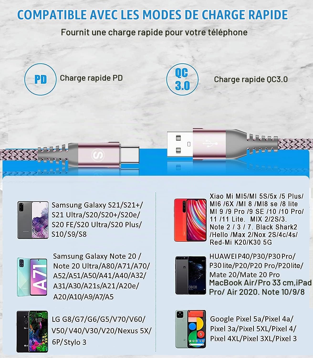 Thumbnail 6 de sweguard USB-C-kabel, 2 x 1 m, gevlochten nylon, roze
