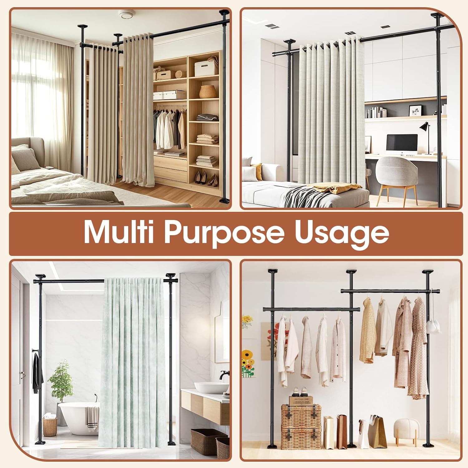 Thumbnail 6 de SUNALLY No-Drill Curtain Rod Room Divider, 4-10 ft Adjustable Wall Separator 🧱