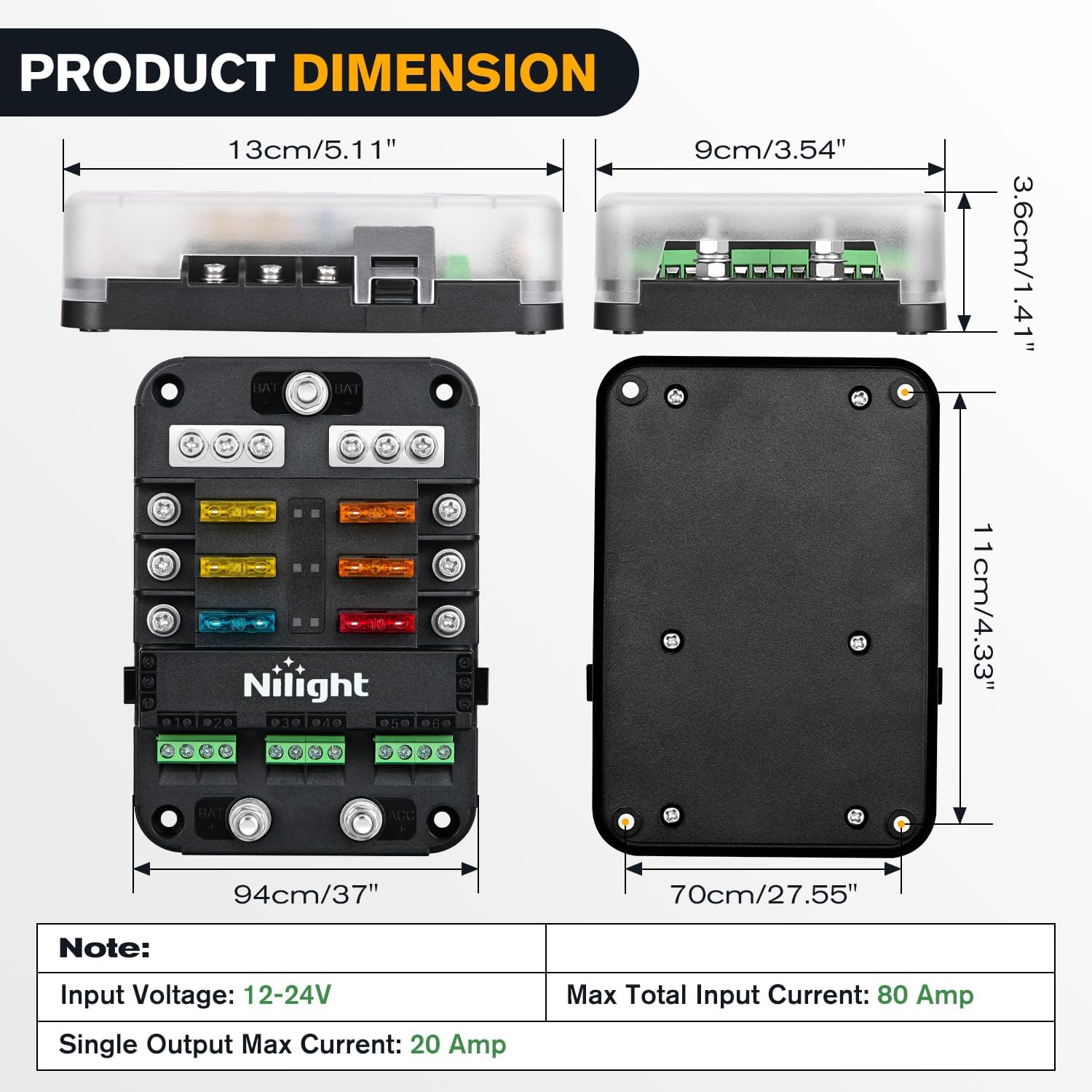 Detalle de Nilight 50224A 6-Way Fuse Relay Block with ACC Control, 12–24V
