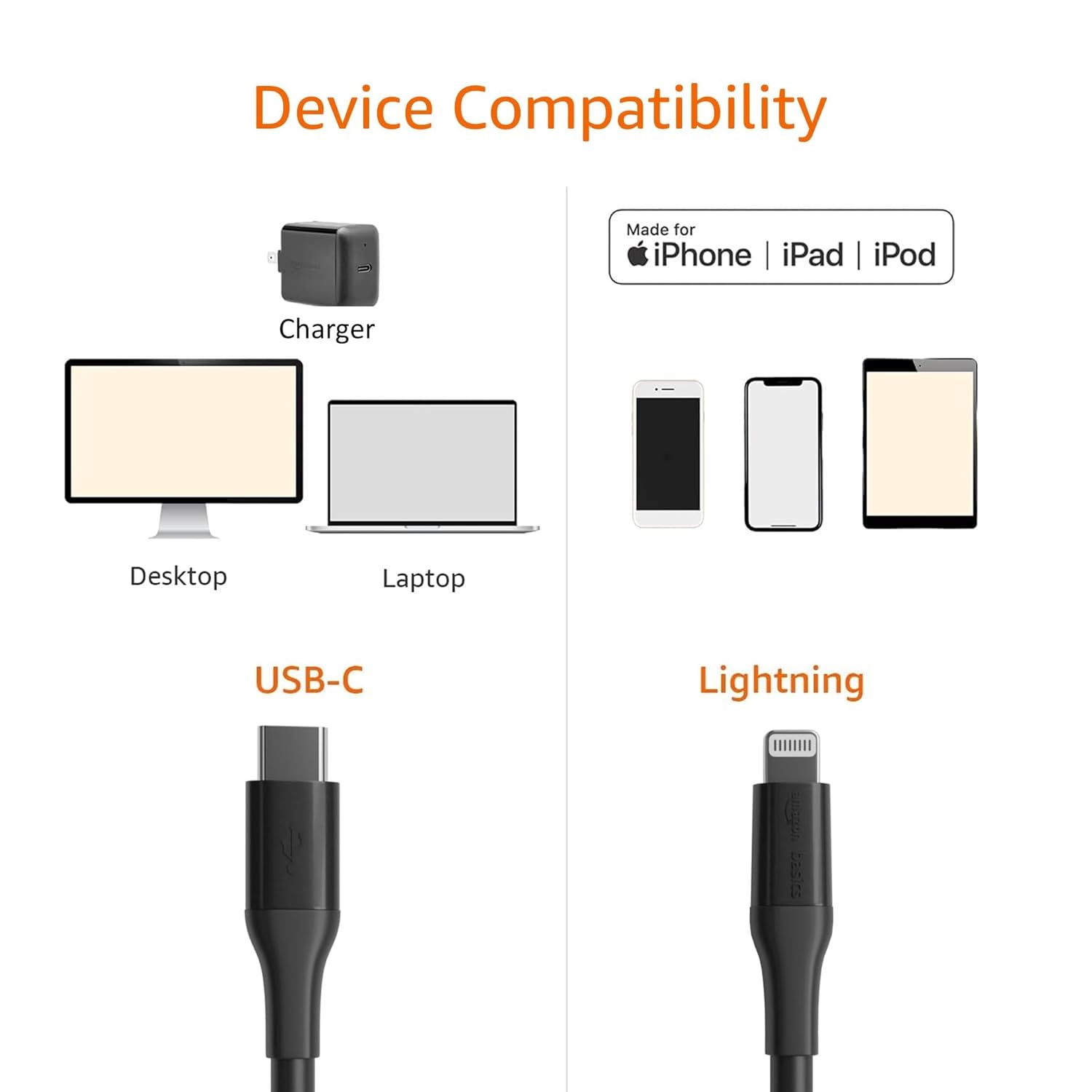 Detalle de Amazon Basics USB 2.0 Type-C to Lightning Cable (MFi Certified), 3 m, Black