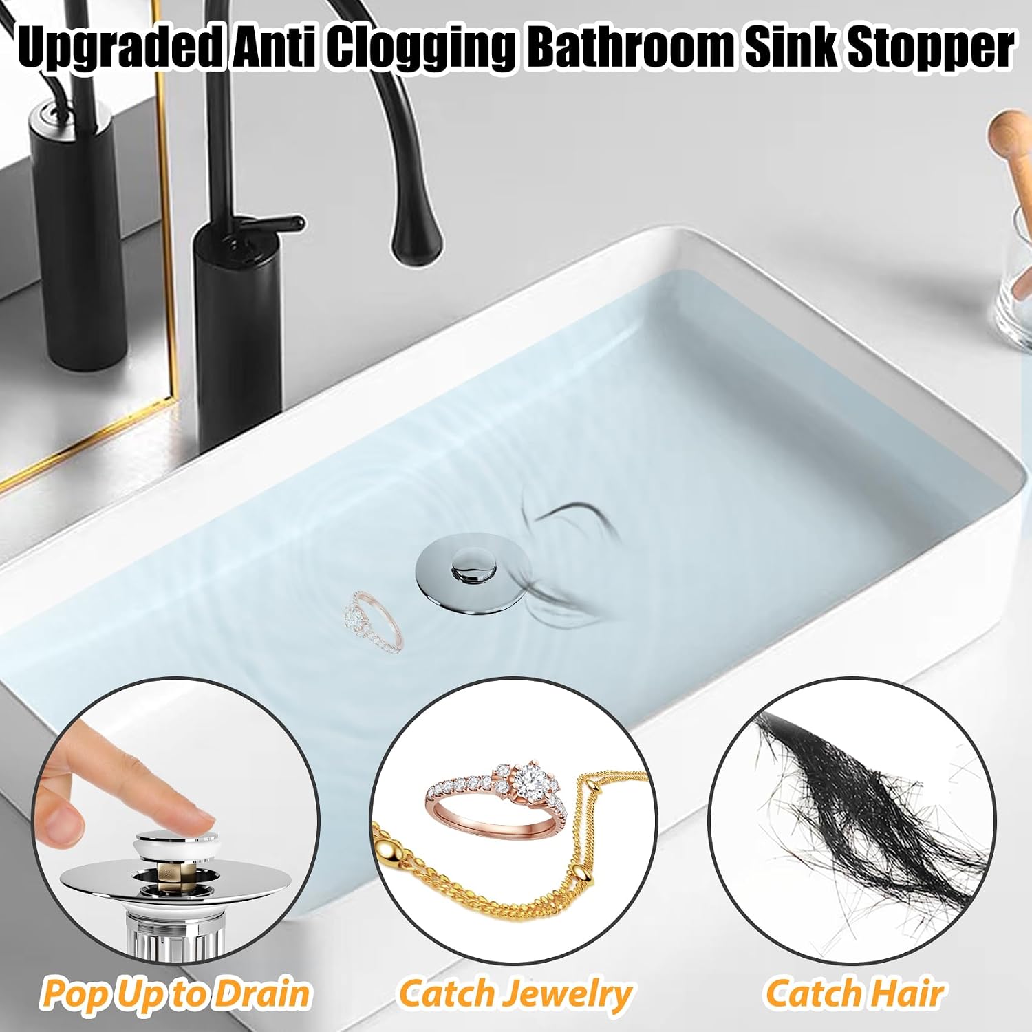 Detalle 2 de Anlige Bathroom Sink Drain Strainer, 3-in-1 Pop-Up Stopper, Chrome Silver