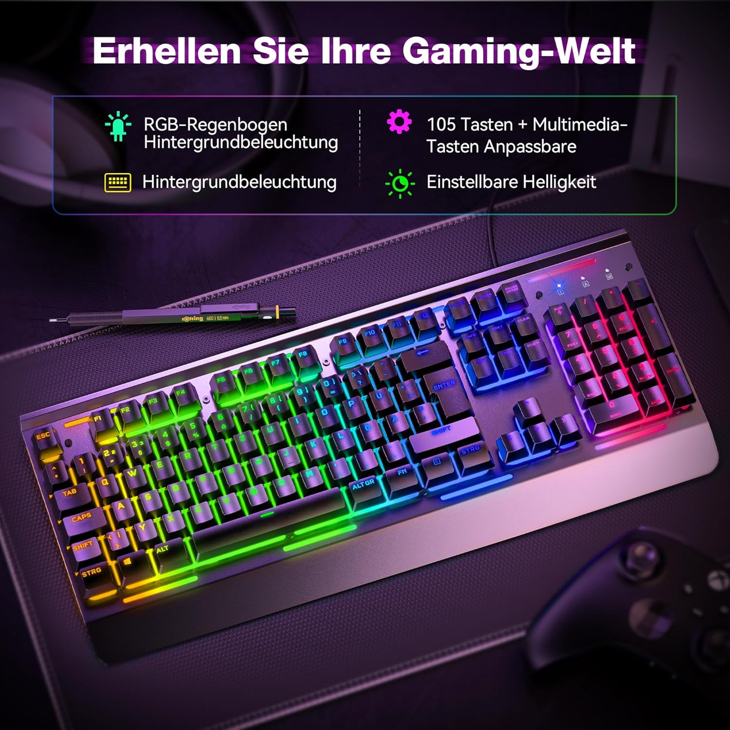 Detalle 2 de TECKNET RGB Gaming Tastatur 105 Tasten ⌨