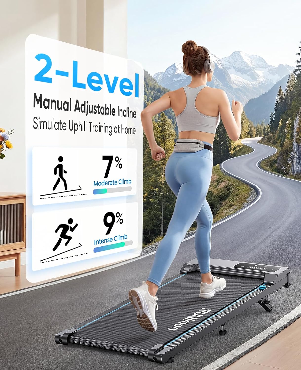 Detalle 2 de RUNIMON Walking Pad Treadmill with Manual Incline, LED Display and App Control