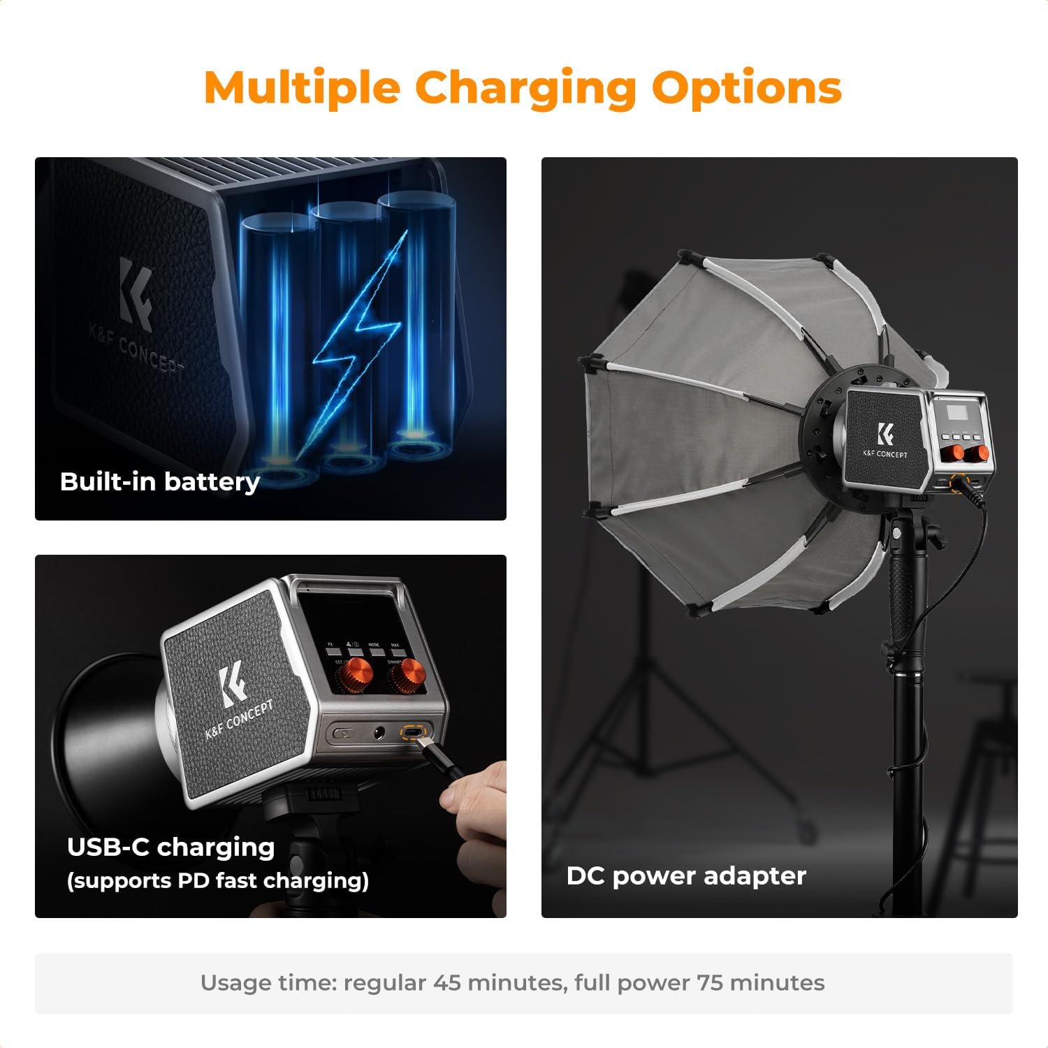 Detalle de K&F CONCEPT 60W COB Video Light with Built-in 4500mAh Battery