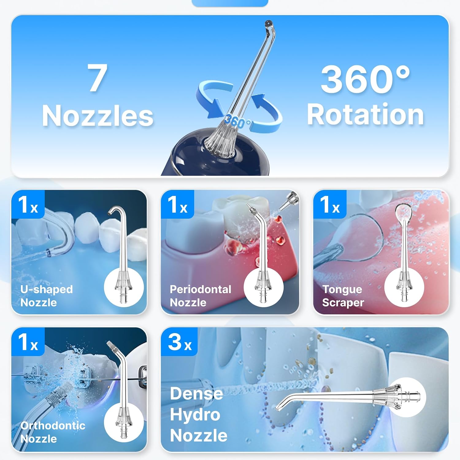 Thumbnail 4 de Cordless Water Flosser for Teeth with 8 DIY Modes, 7 Jets and 300ml Tank (Blue) – Portable Rechargeable Oral Irrigator