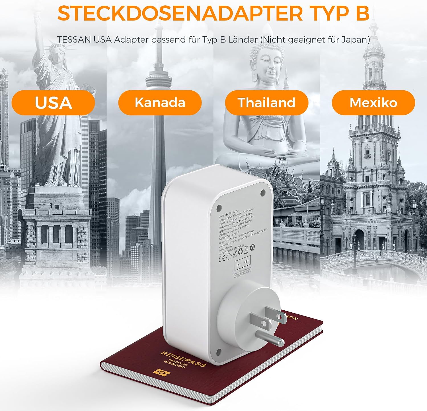Detalle 2 de TESSAN Reiseadapter 6 in 1 für USA Typ B