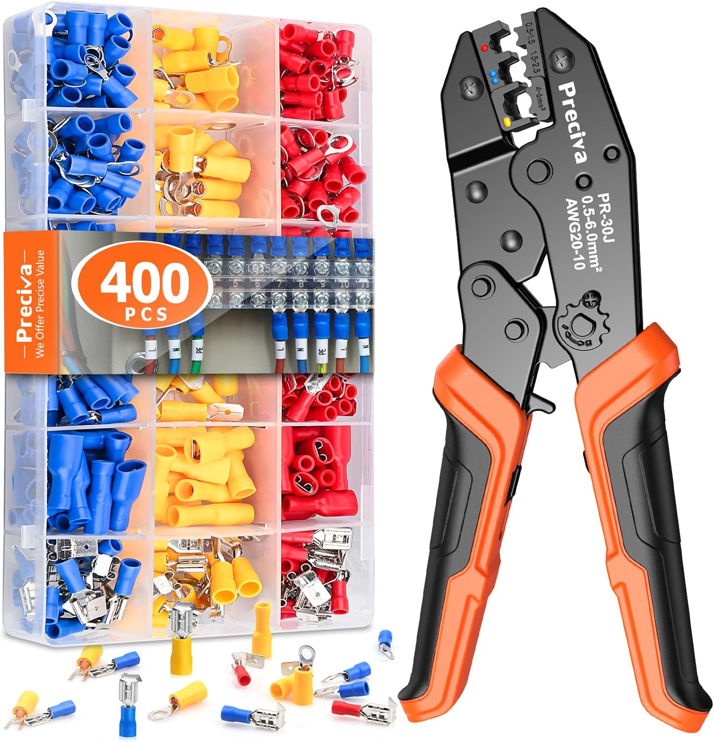 Detalle de Pince à Sertir Preciva 0,5–6 mm², 18 Types, 400 cosses électriques isolées – cliquet et précision