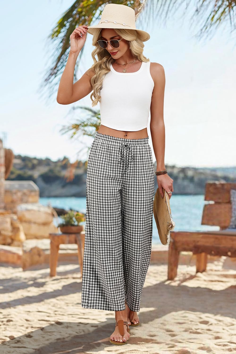 Detalle 2 de WIHOLL Wide Leg Palazzo Pants for Women – Flowy, Drawstring Waist with Pockets