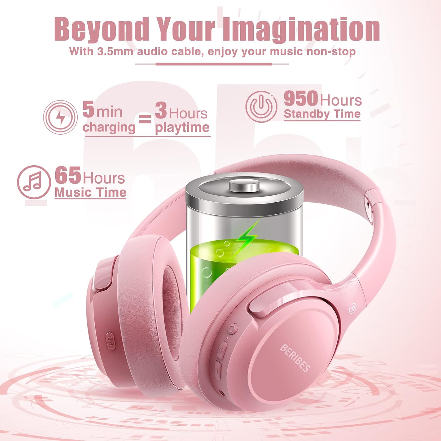 Detalle de BERIBES Bluetooth Over-Ear Kopfhörer – 65 Stunden Akku, 6 EQ‑Modi, Bluetooth 5.2, faltbar, rosa