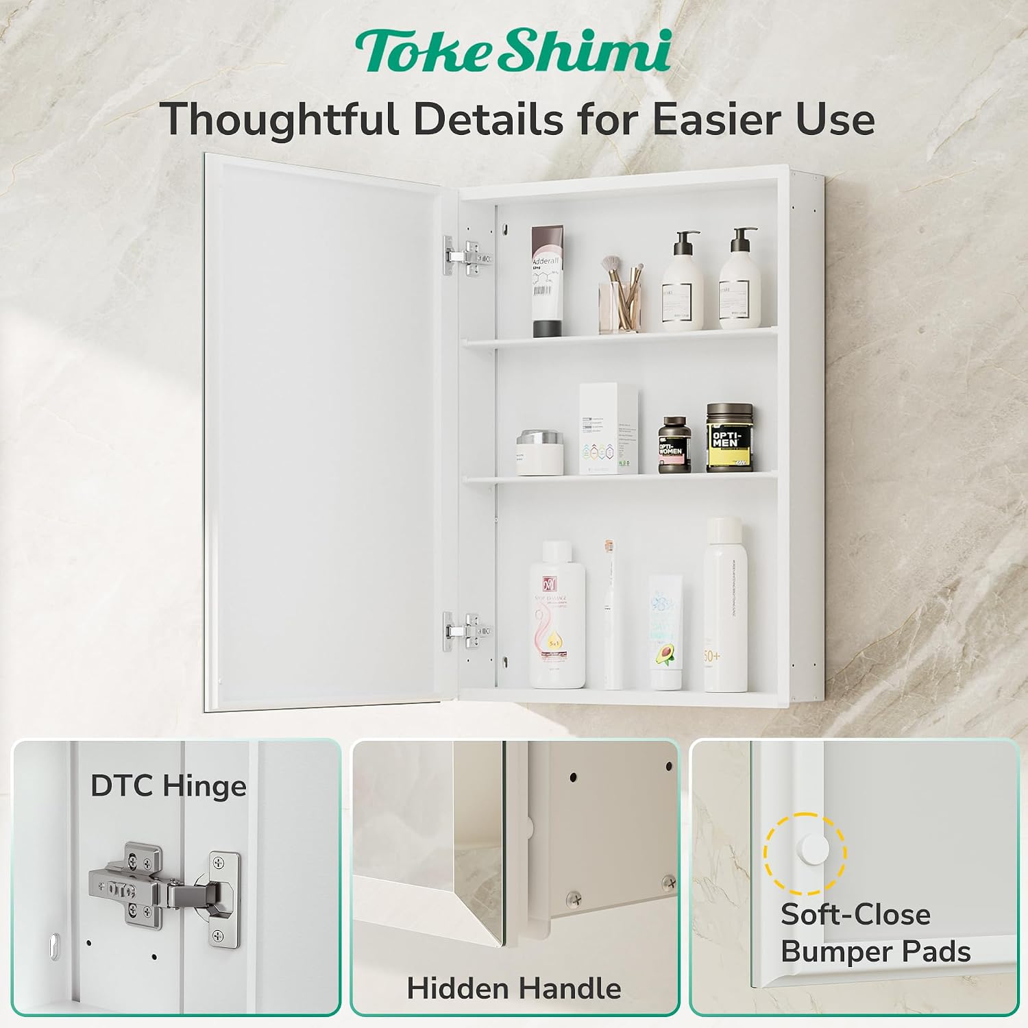 Detalle de TokeShimi 24 x 32 Mirrored Medicine Cabinet with Beveled Mirror, Aluminum Frame, and Dual Mount Options