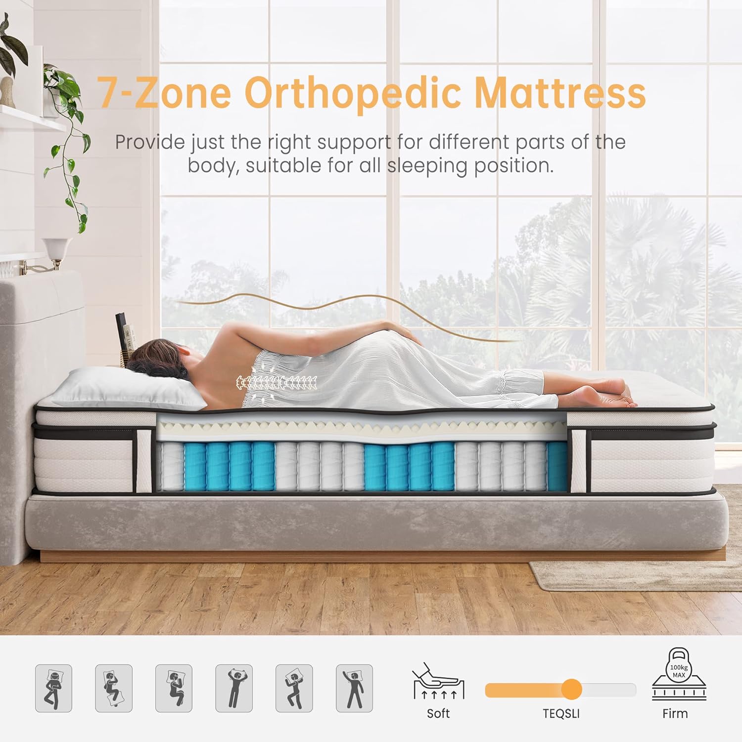 Detalle de TeQsli Double Mattress 4FT6 Hybrid Gel Memory Foam with Pocket Springs — Medium Firm, 27 cm (135x190x27 cm)
