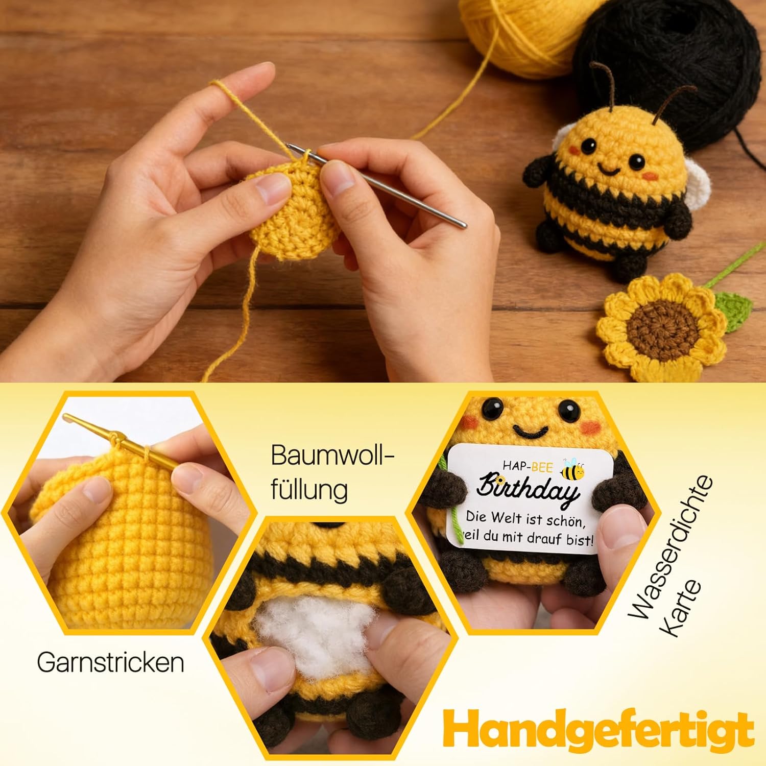 Thumbnail 3 de Handgehäkelte Biene mit Sonnenblumenstrauß und Edelstahl-Schlüsselanhänger – Farbeele Mutmacher-Geschenk zum Geburtstag
