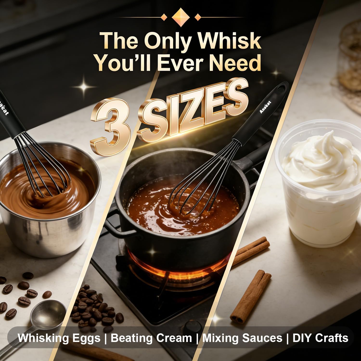 Thumbnail 6 de Anaeat Silicone Balloon Whisk Set (Black) – heat-resistant non-stick compatible milk, egg and batter whisk