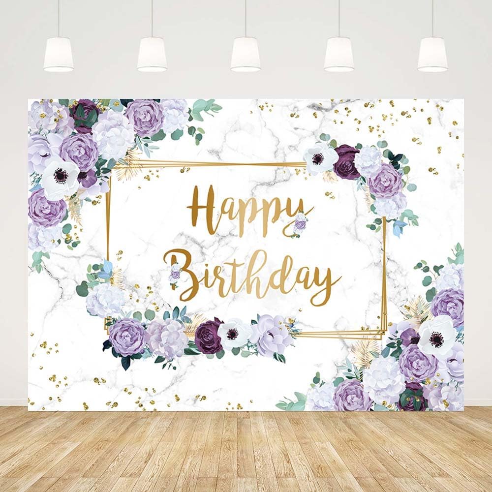 Thumbnail 3 de AIBIIN Happy Birthday purple & white floral backdrop (7x5ft) for cake smash photography