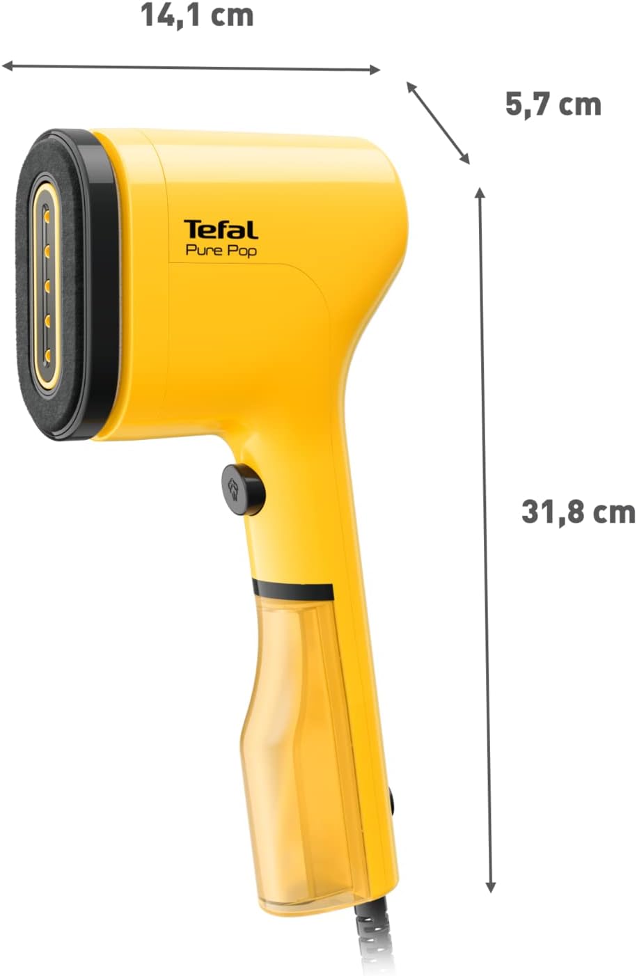 Detalle 2 de Tefal Pure Pop Slim DT2026 handheld clothes steamer (yellow) – ready in 15 seconds, 70ml detachable tank