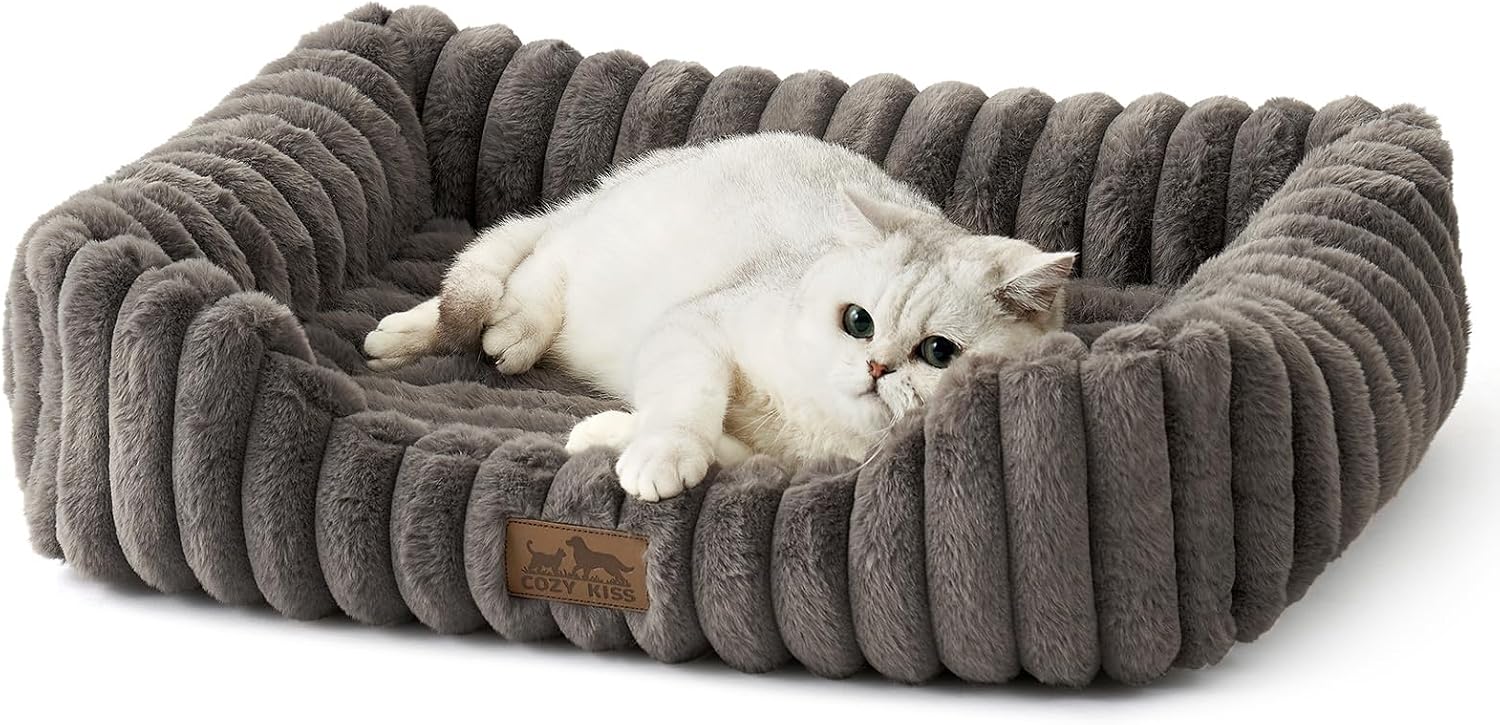 Detalle de COZY KISS Confortabile Divano per Cani e Gatti — Cuccia Ortopedica con Bordo Rialzato e Pelliccia sintetica