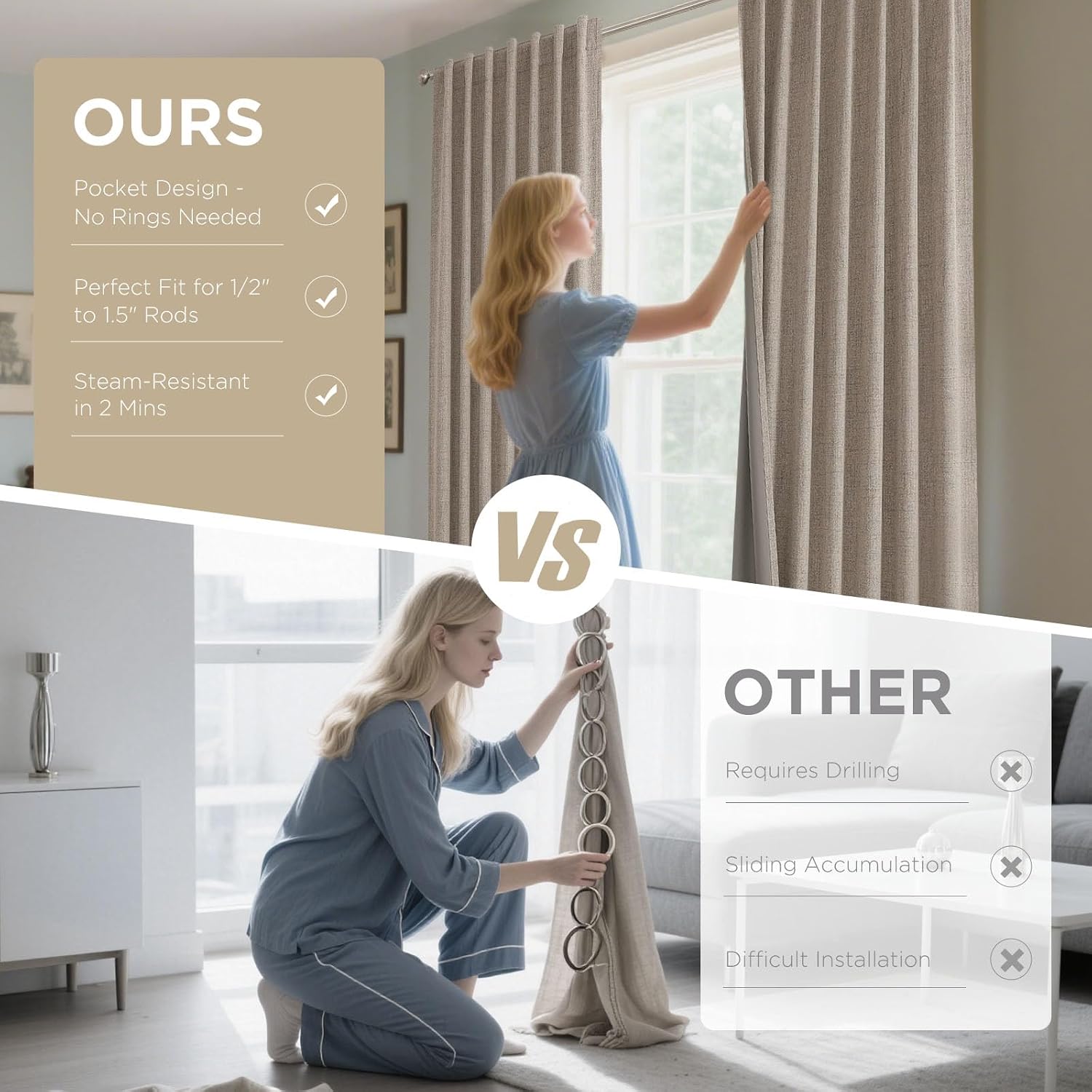 Thumbnail 6 de Joydeco 100% Blackout Curtains for Bedroom Linen Drapes 52" W x 90" L (Pack of 2) ๐ช