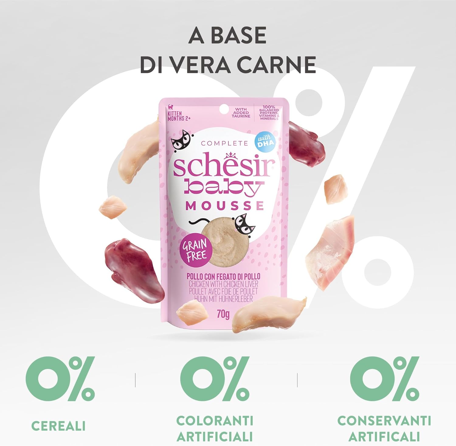 Detalle de Schesir Baby: Filettini di Pollo con Fegato in Mousse per Gattini – 12x70 g