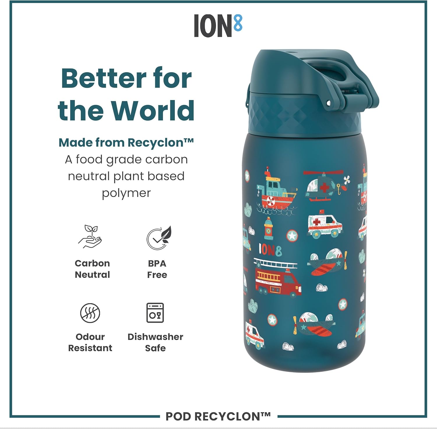 Detalle de Ion8 Small Water Bottle, Teal – Leak-Proof Kids’ Bottle with Flip Cover & Dishwasher Safe Design