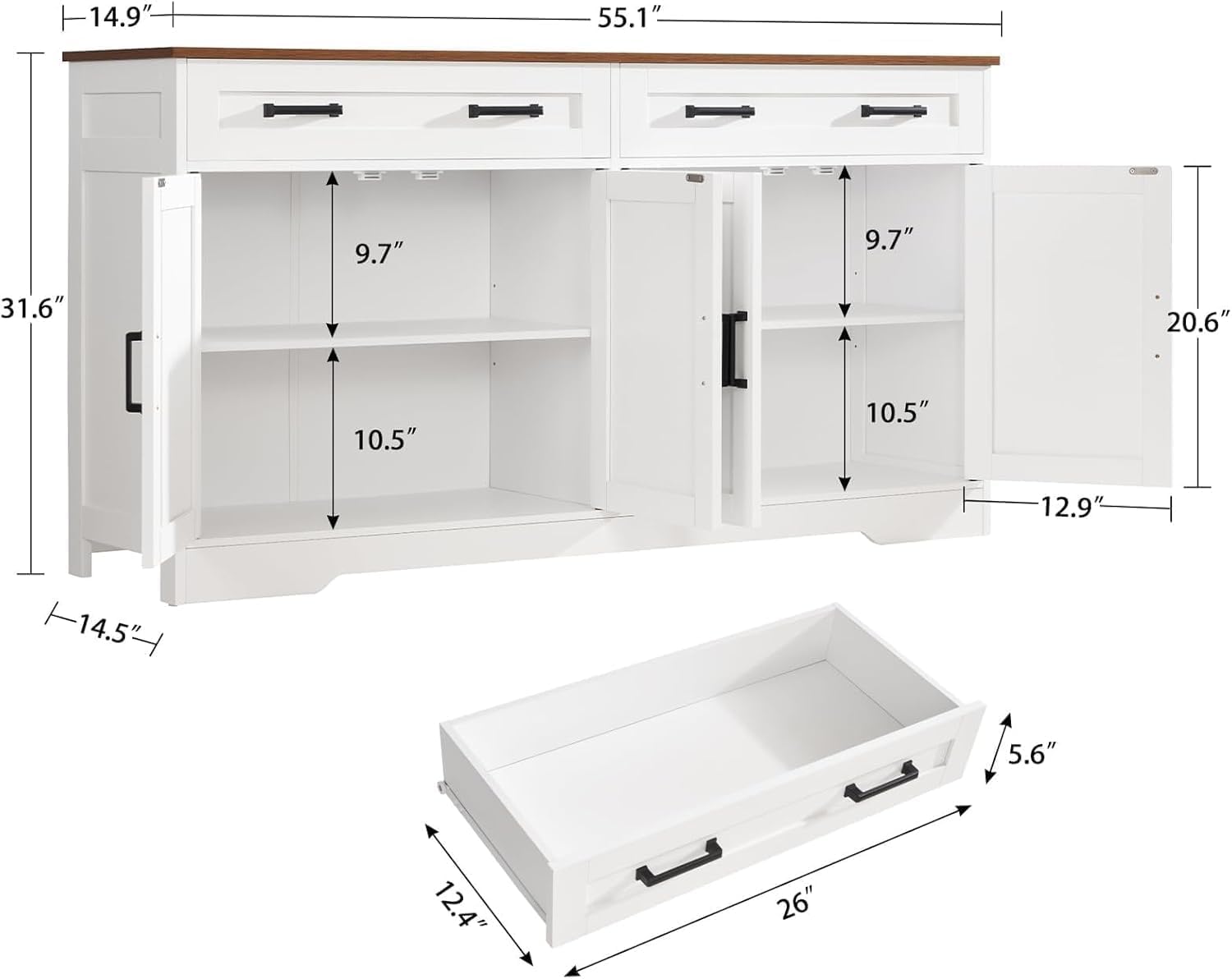 Detalle de TEENFON Buffet Cabinet, 2 Drawers, 4 Doors and Adjustable Shelves
