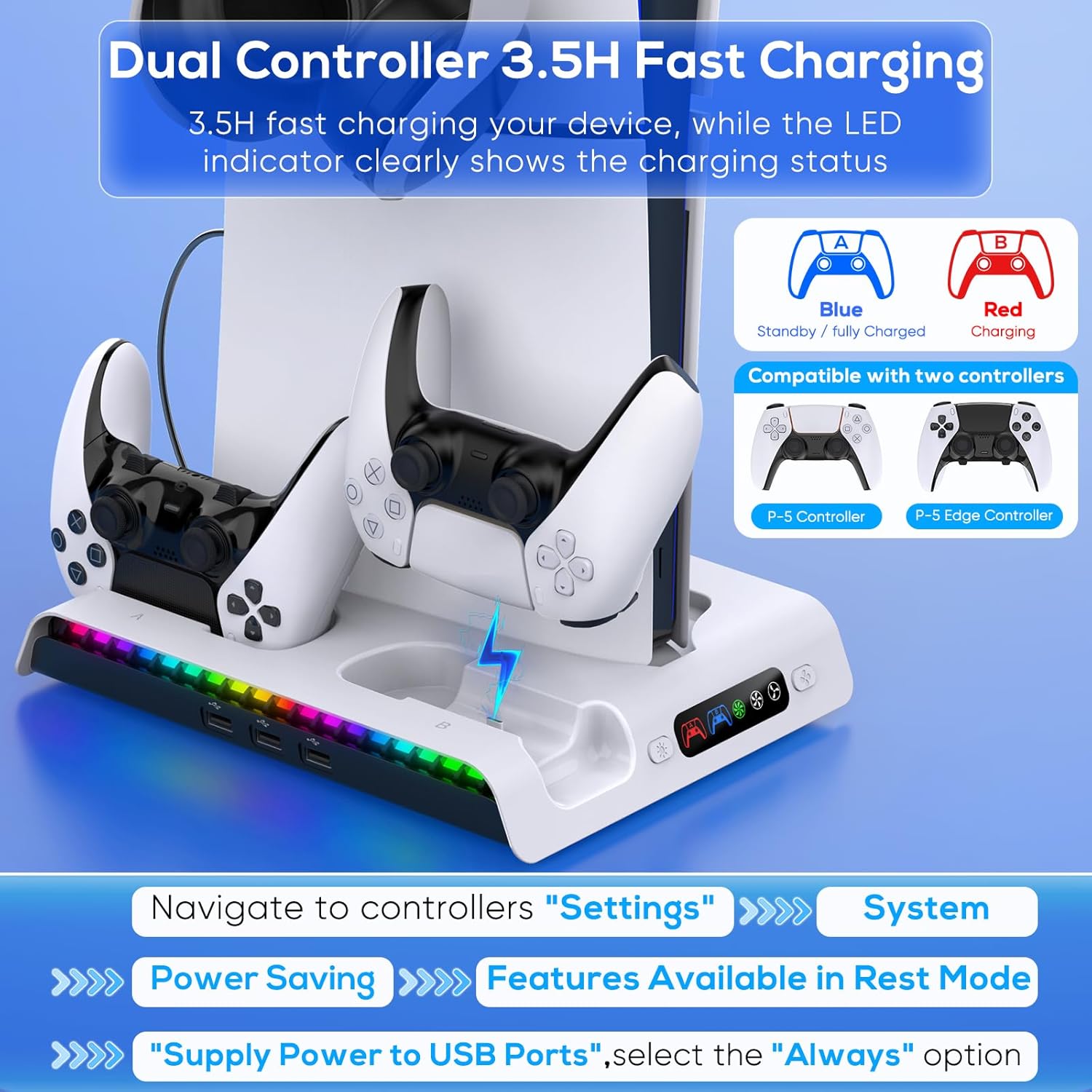 Thumbnail 4 de FASTSNAIL PS5 Charging Stand with Cooling Fan — Dual Controller Charger, RGB Lights and Headset Hook