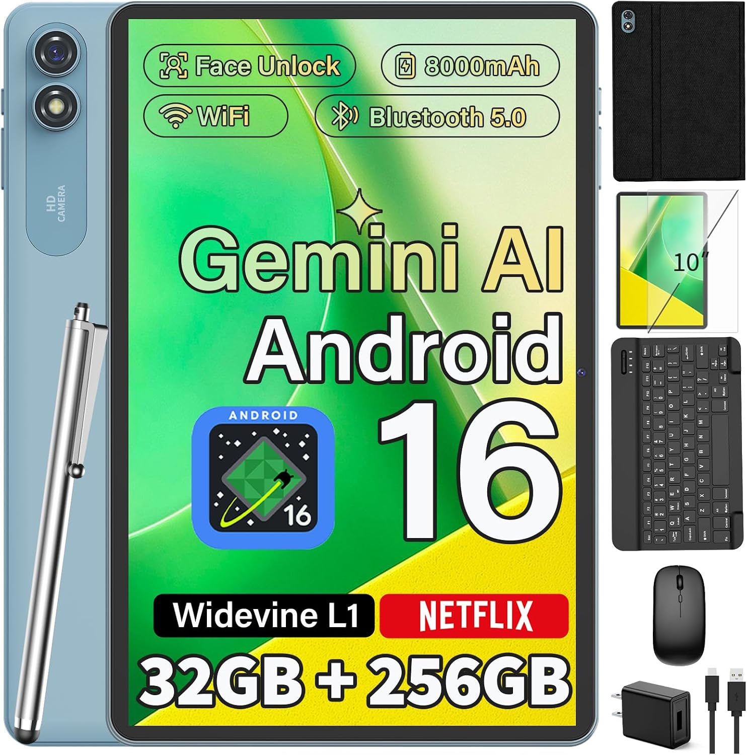 Detalle de Android 10 Inch Tablet with Keyboard - Gemini AI, 16GB RAM/256GB ROM + 2TB Expandable, 8000mAh, 10" Display