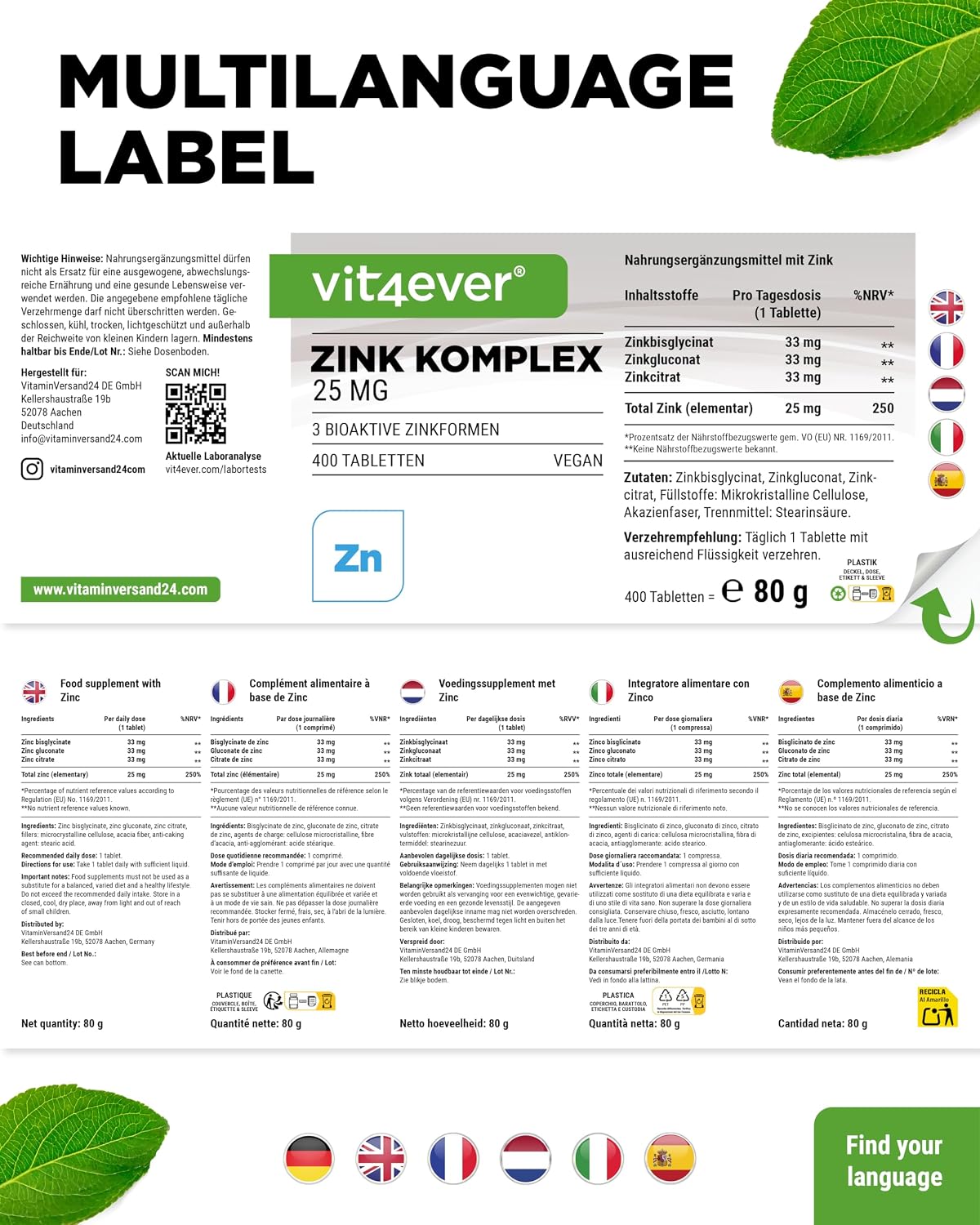 Detalle 2 de vit4ever Zink Komplex 25 mg – 400 Tabletten (3 bioaktive Zinkformen, vegan)