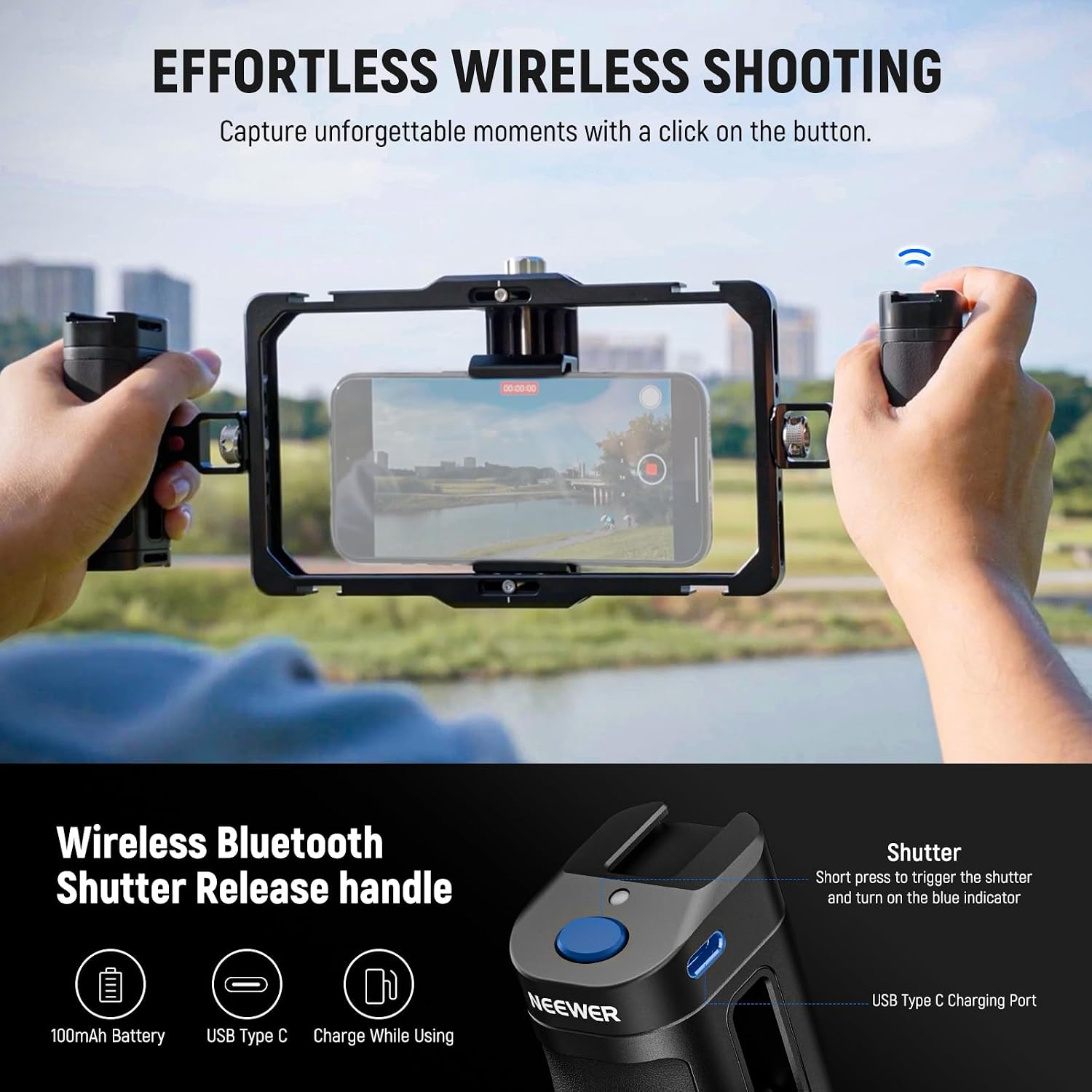 Detalle de NEEWER gabbia per telefono PA009E con maniglie laterali e scatto Bluetooth