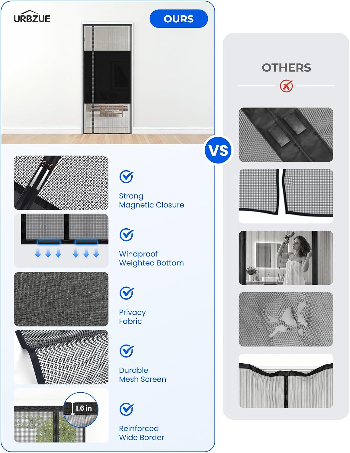 Detalle de URBZUE Magnetic Fly Screen Door 110x220cm – Double-Opening, Privacy Screen with Strong Magnets