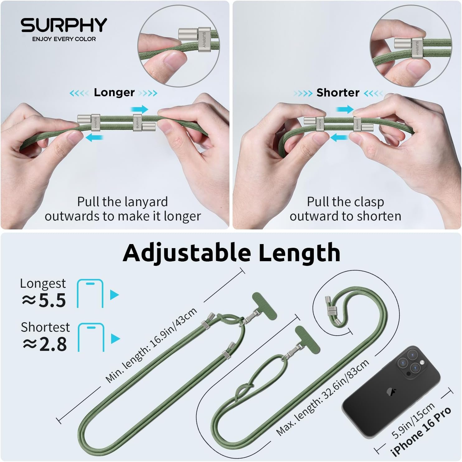 Thumbnail 5 de SURPHY Phone Lanyard Crossbody with 2 Tether Tabs, Adjustable Army Green