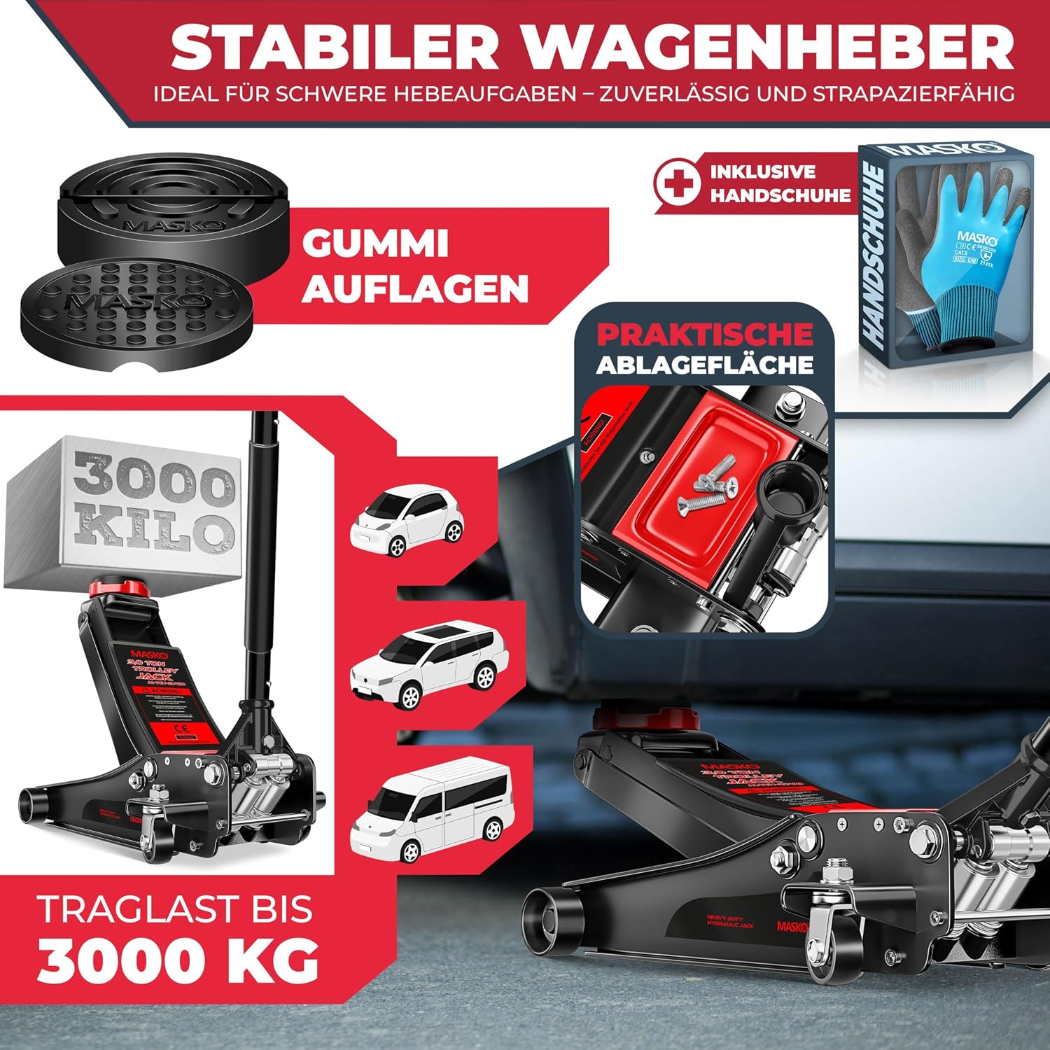 Detalle 2 de MASKO Wagenheber hydraulisch 3T Flache Hubhöhe 85–485 mm