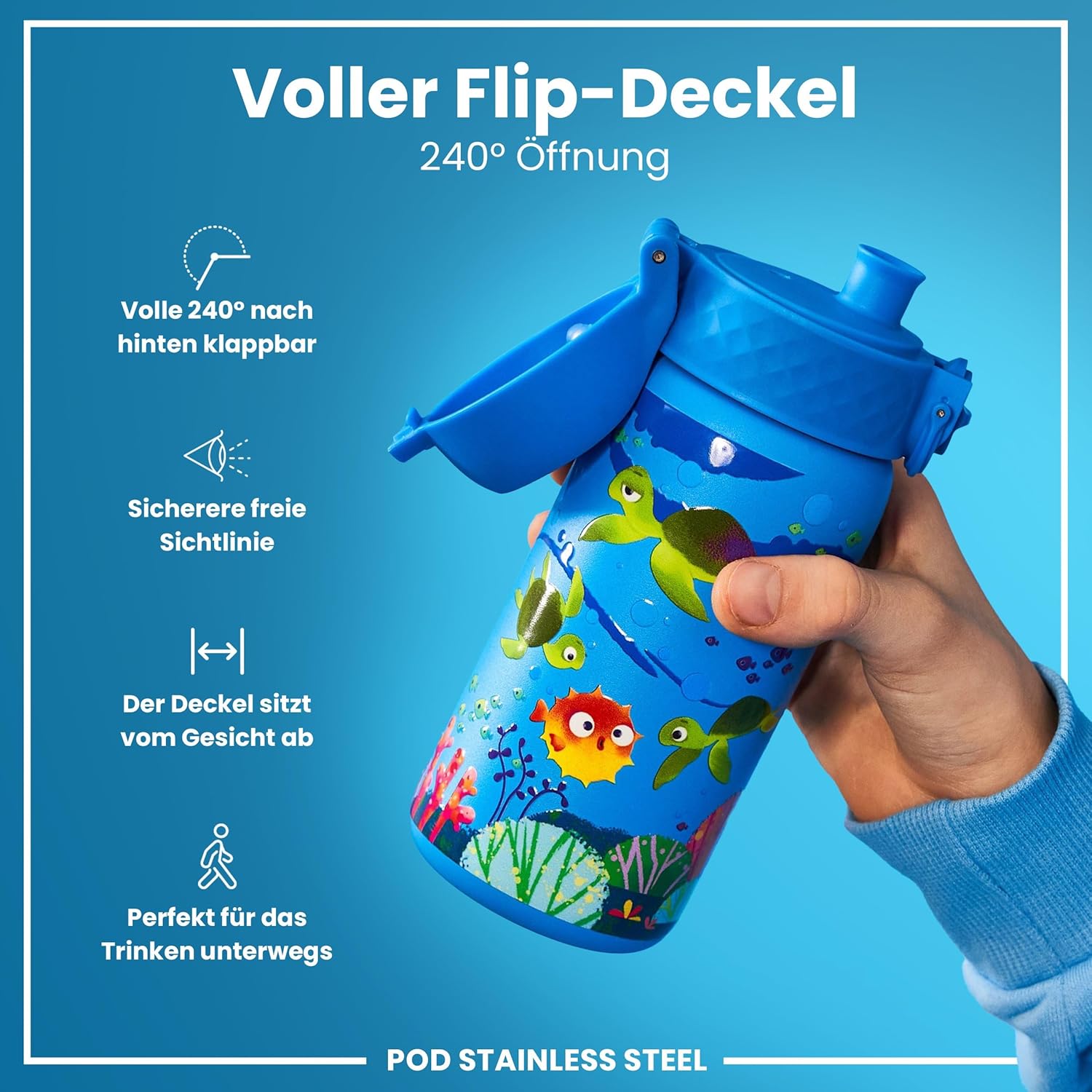 Thumbnail 3 de ION8 Edelstahl-Trinkflasche 400 ml - Meeresschildkröte, auslaufsicher, spülmaschinenfest, einhändige Öffnung