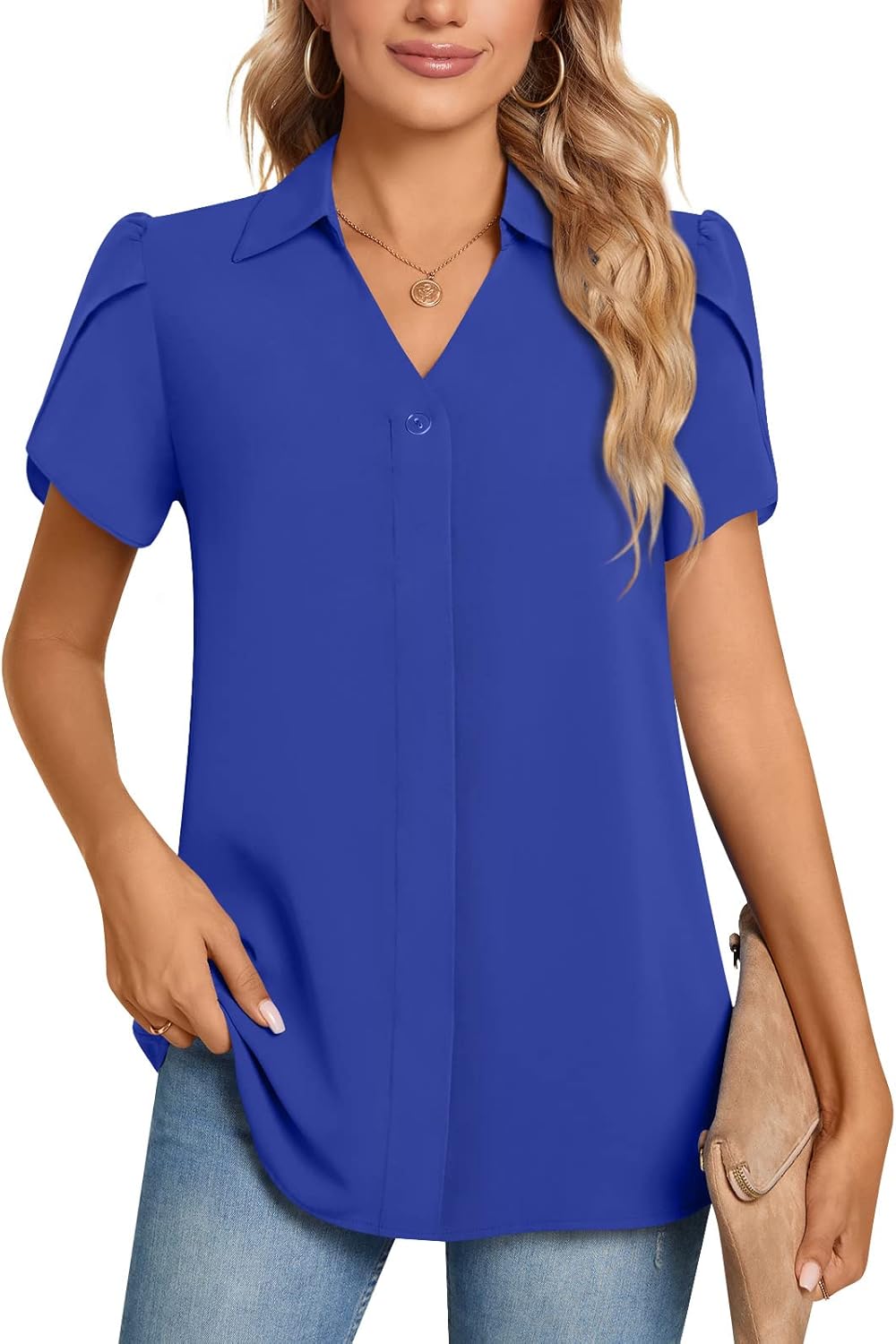 Detalle 2 de Aodemo Women's Summer Collared V Neck Chiffon Blouse Dressy Business Tunic