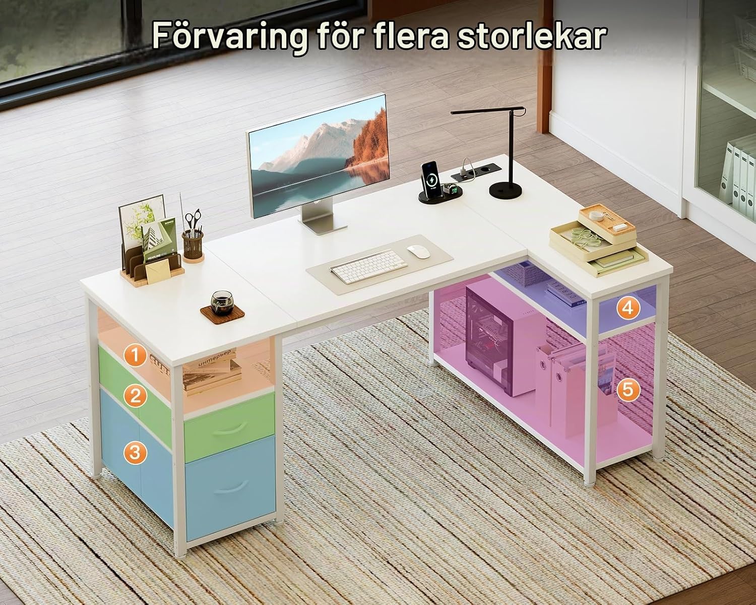 Detalle 1 de Coleshome ZJZ-ZX2C hörnskrivbord 140 × 80 cm med förvaring och USB-portar