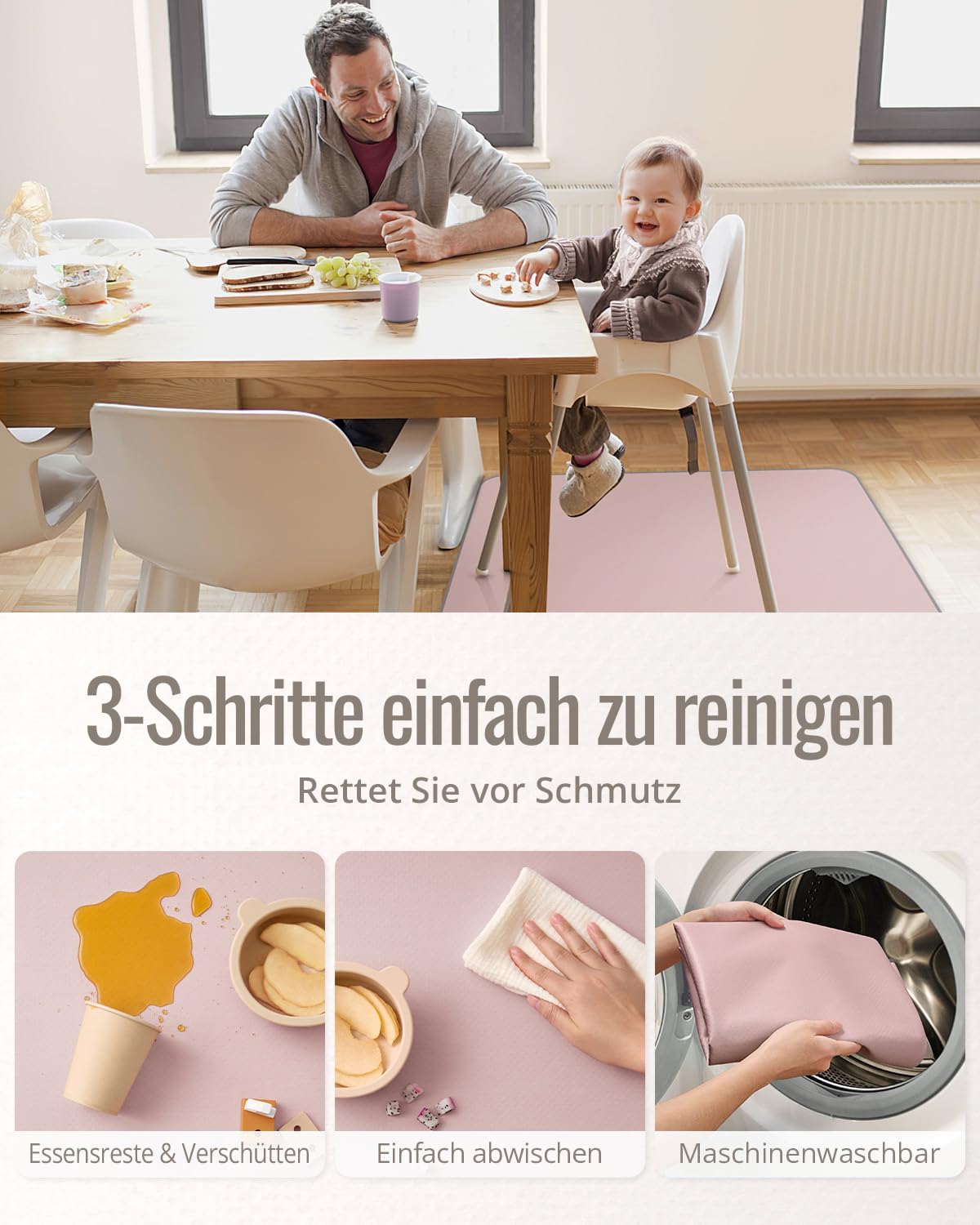 Detalle de Blissful Diary Baby-Spritzschutzmatte für unter den Hochstuhl (128 x 128 cm), abwischbar, wasserdicht & rutschfest – zartrosa
