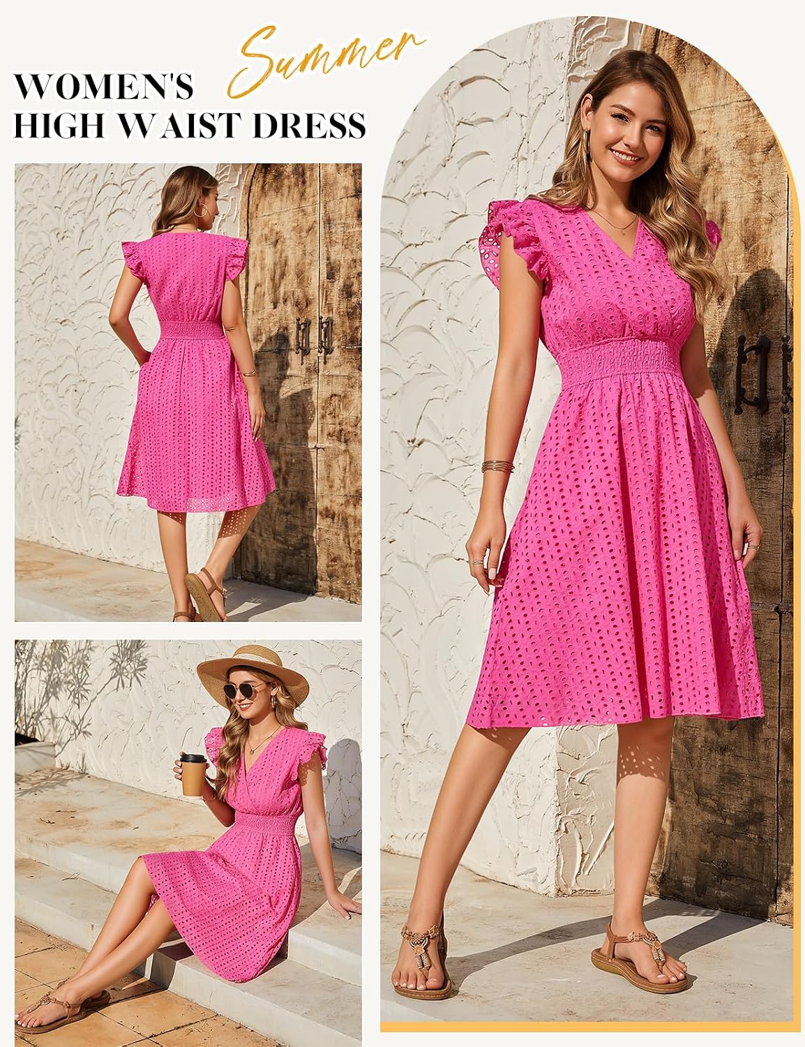 Detalle de PASUDA Sommerkleid Damen Baumwolle – V-Ausschnitt, Rüschenärmel, Wickelbund mit Taschen