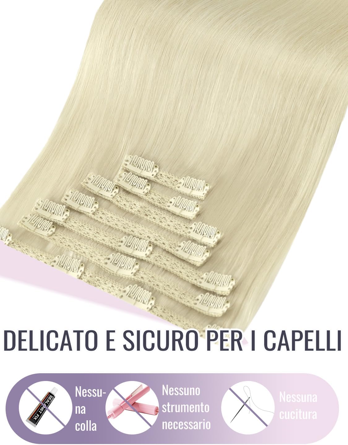 Thumbnail 4 de Fshine Extension Clip Capelli Veri 35.5 cm | 7 pezzi, 120 g, Bionda Bianca – Estensione Naturale con Clip