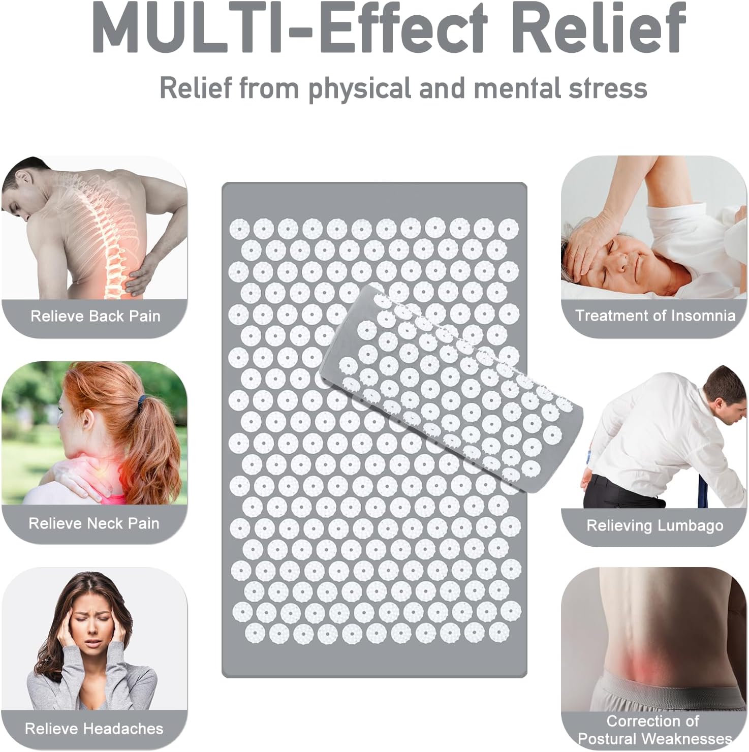 Detalle 2 de Acupressure Mat & Pillow Set for Neck and Back Relief (Gray) – Carry Bag Included