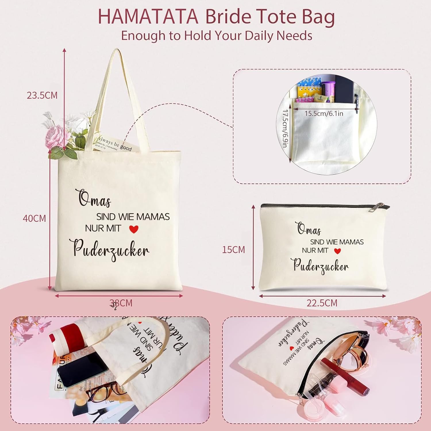 Detalle de hamatata Oma Geschenk: Canvas Tragetasche mit Kosmetiktasche – personalisiertes Geschenk zur Geburtstage, Muttertag und mehr