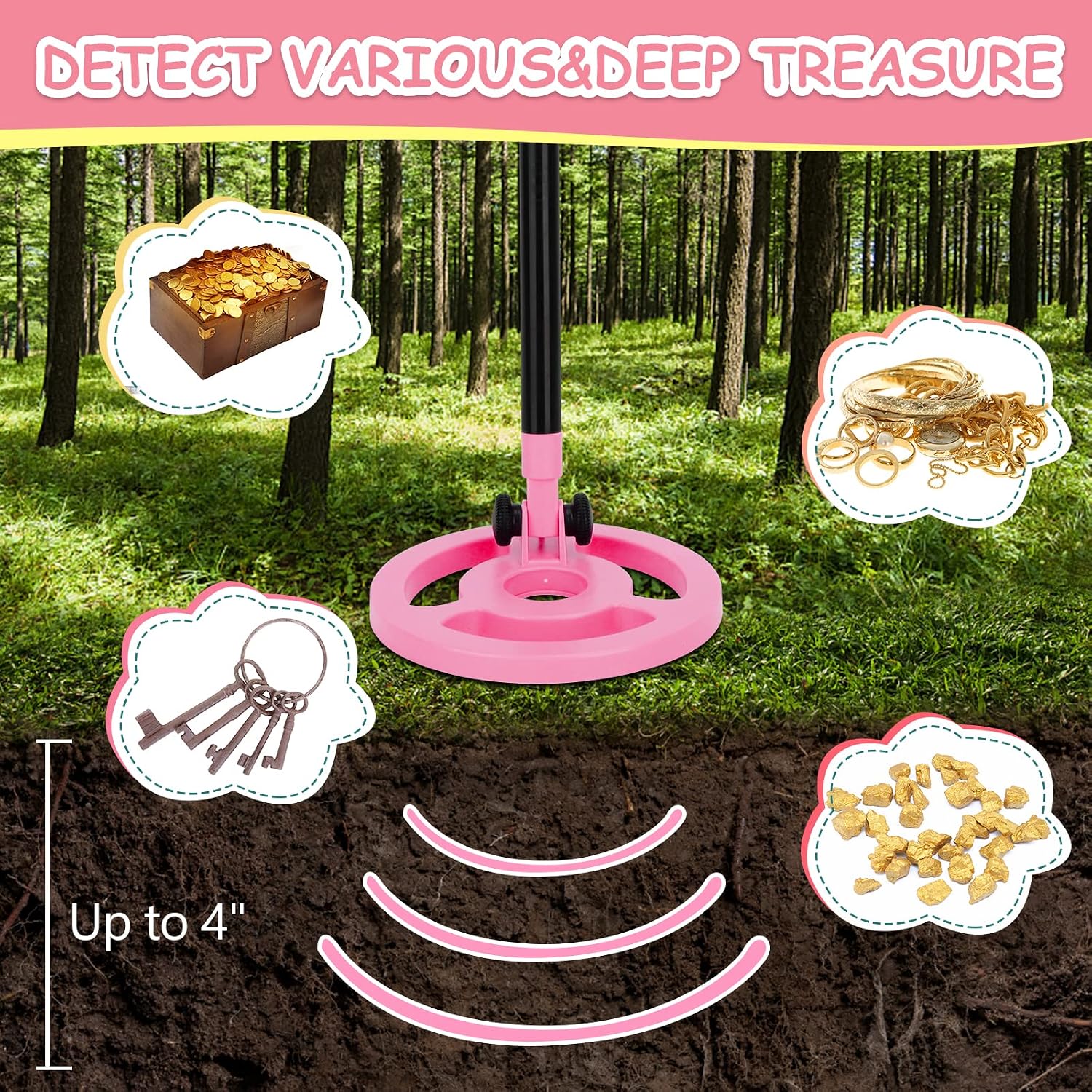 Detalle de OMMO MD-3006 kindermetaaldetector, roze, verstelbare steel en waterdichte spoel