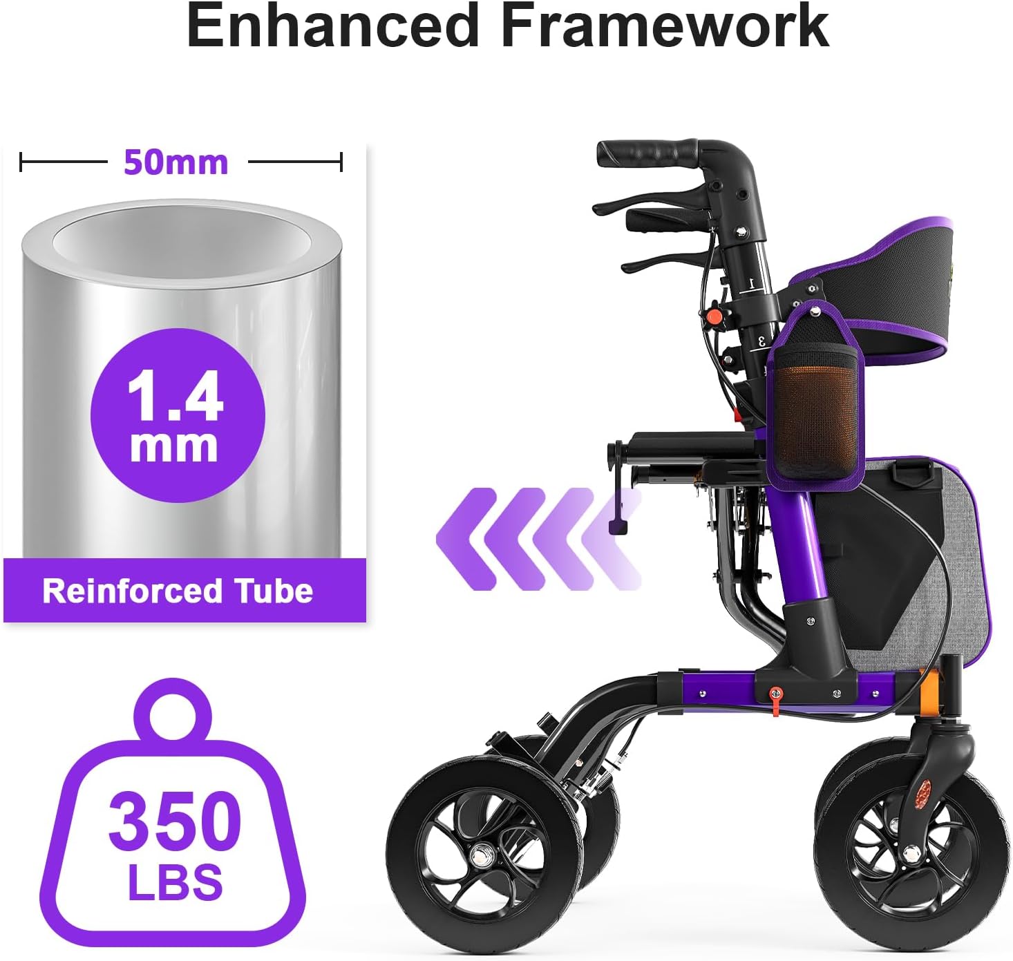 Detalle 2 de Walkers for Seniors Rollator with Seat 350 lb Capacity 🟪