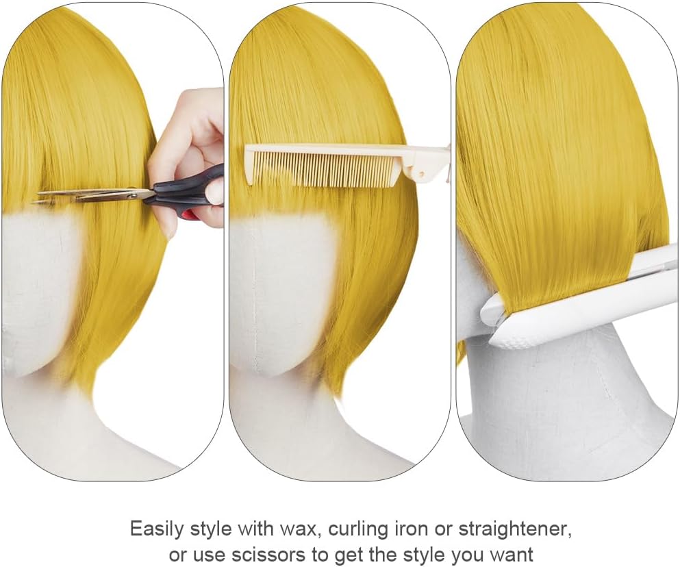 Thumbnail 4 de Aomig Short Bob Wig Set for Women – 3 Pack in Neon Lemon Yellow with Caps, Bangs, and Accessories