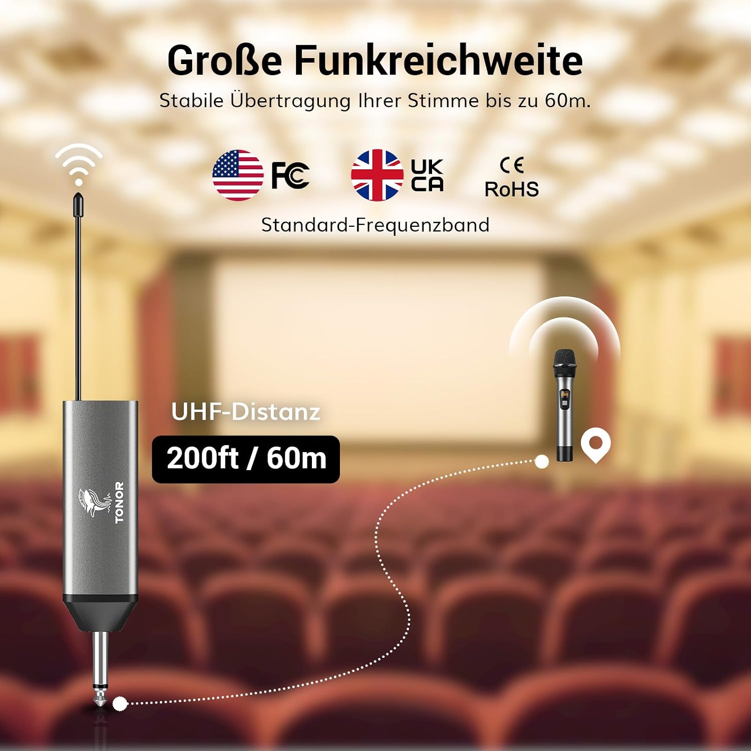 Thumbnail 2 de TONOR TW620 Kabellos Mikrofon-Set – UHF-Handmikrofon mit 60 m Reichweite, 6,35 mm Klinke, Grau