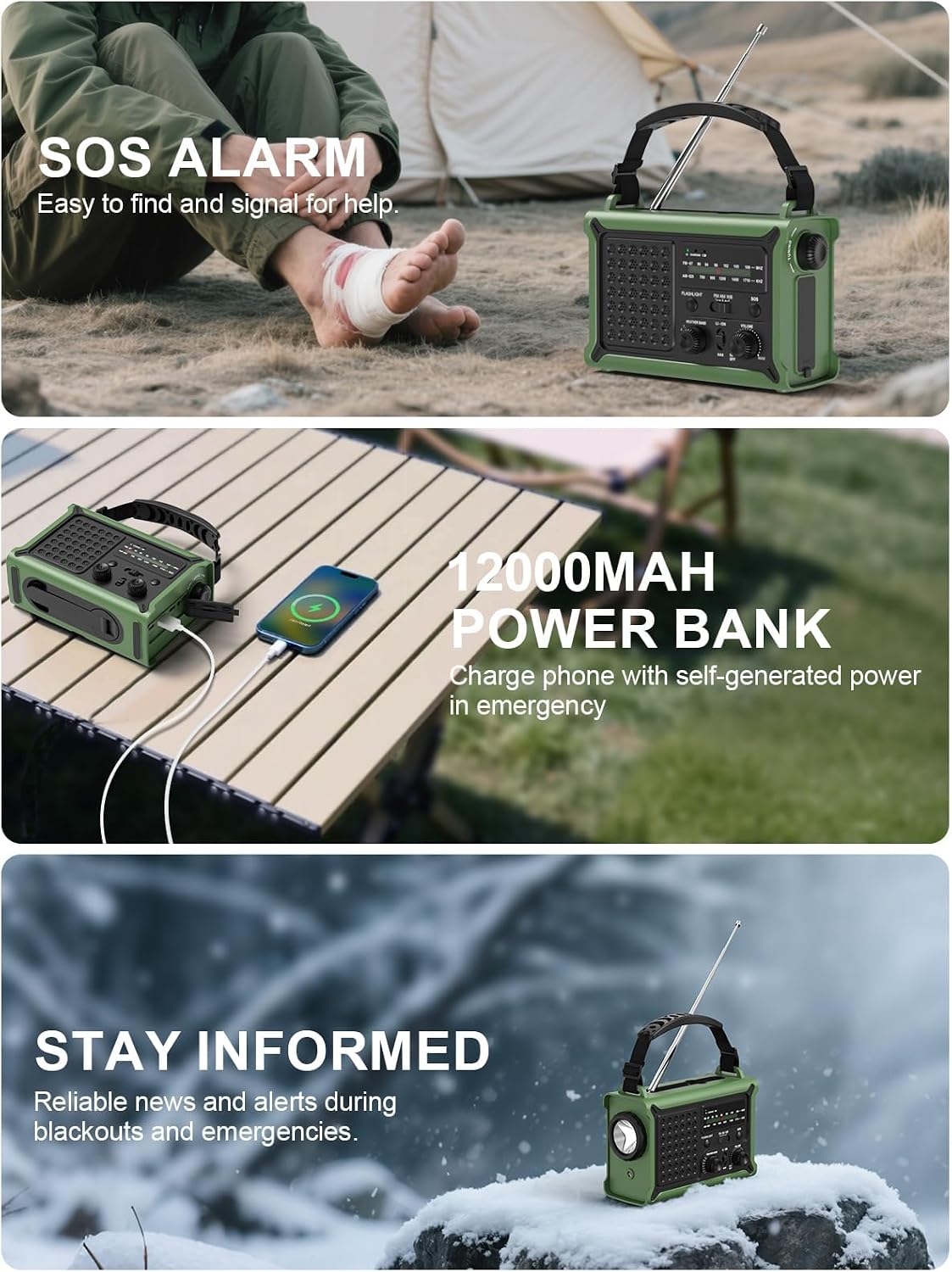 Detalle 2 de ROCAM CR1030 Emergency Radio, 12,000mAh, Solar, Hand Crank & NOAA