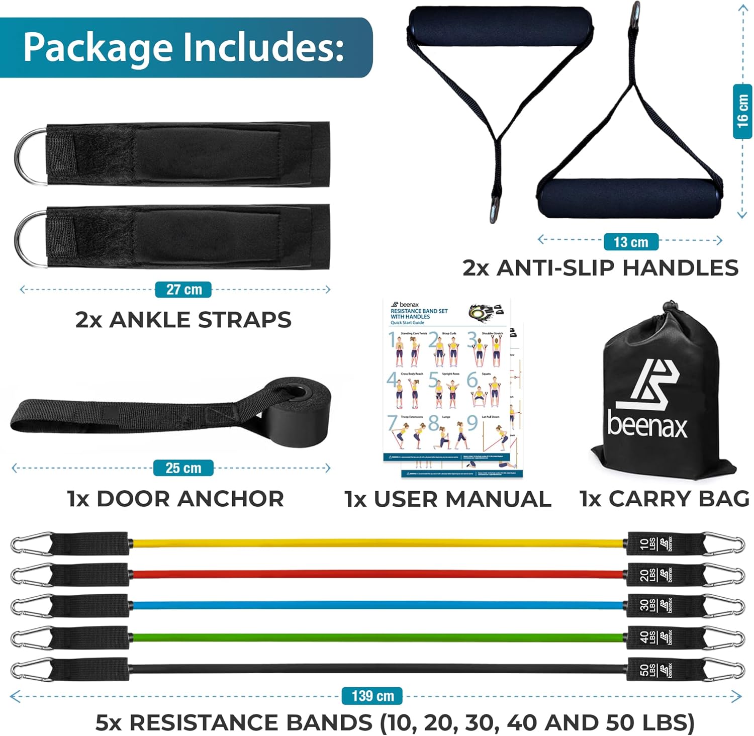 Thumbnail 2 de Beenax Resistance Bands Set with Handles – Heavy Duty 12pc Workout Kit (Up to 250 LBS)
