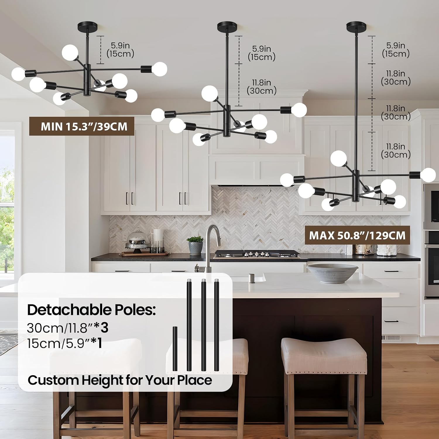 Detalle de KAISITE KST-8006PL-8BK-US 8-Light Sputnik Chandelier, Adjustable Height