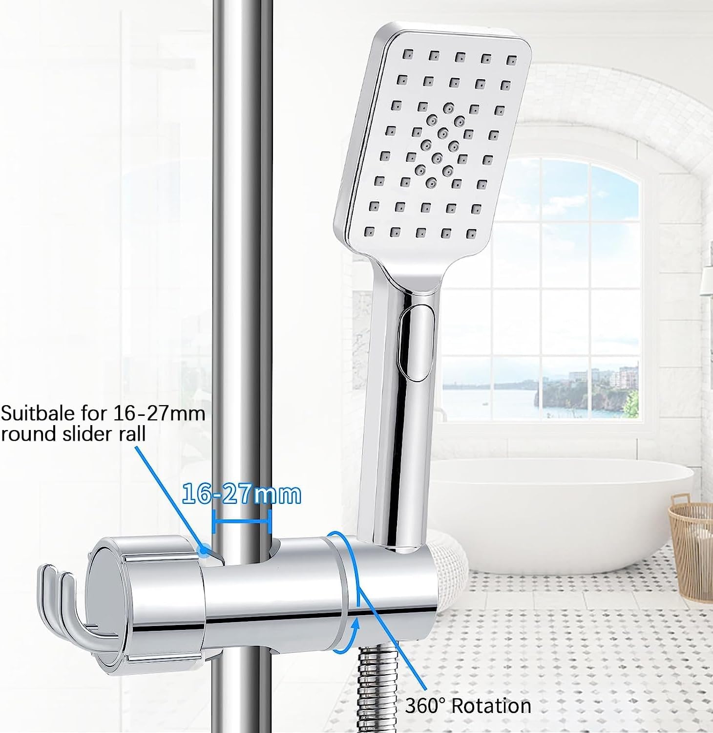 Detalle 2 de Joyoldelf Universal Handbrause Halterung – 16–27 mm Verstellbar, 360° Drehbar, ABS verchromt, mit Silikonkissen